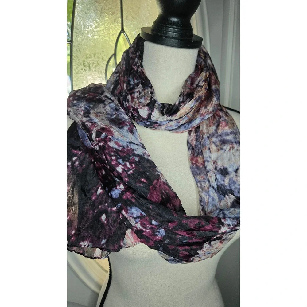 Vivante by USA 100% Silk Abstract Floral Oblong Scarf Purple Gray Black‎ 65